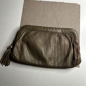 Lewis Vintage Olive Green Leather Pleated Tassel Clutch Bag Evening Purse